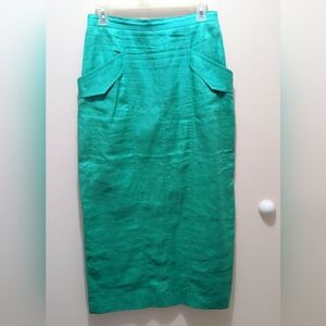 Paula Saker Pencil Skirt 100% Linen Emerald Green